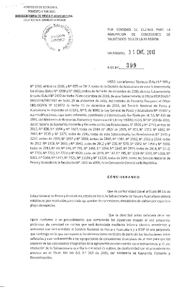 Res. Ex. N° 399-2017 Fija densidad de cultivo para la Agrupación de concesiones de Salmónidos 50 B en la XII Región. (Publicado en Página Web 03-02-2017)