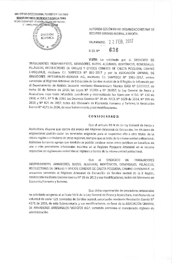 Res. Ex. N° 636-2017 Autoriza cesión organizaciones RAE Unidad de Pesquería Sardina austral X Región (Publicado en Página Web 22-02-2017)