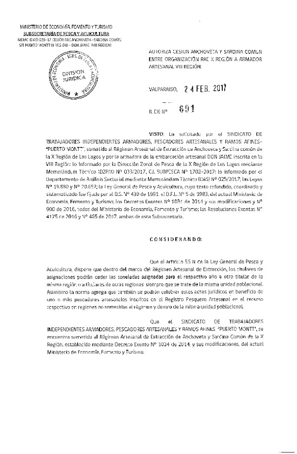Res. Ex. N° 691-2017 Autoriza Cesión Sardina Común y Anchoveta, X a VIII Región.
