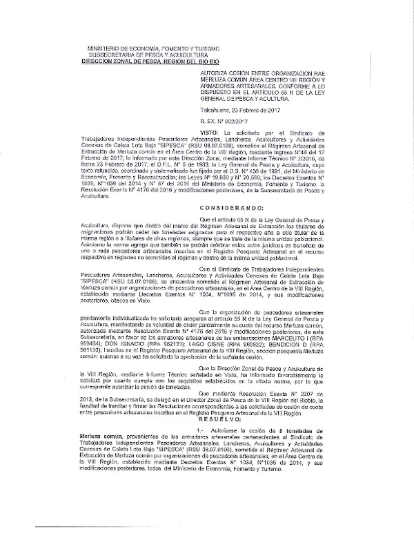 Res. Ex. N° 02-2017 (DZP VIII) Autoriza Cesión Merluza común Área centro, VIII Región.
