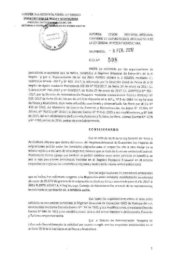 Res. Ex. N° 508-2017 Autoriza Cesión Merluza del sur, XI a X Región.