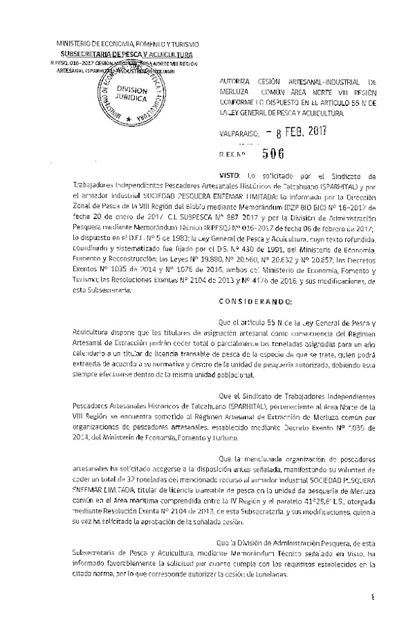 Res. Ex. N° 506-2017 Cesión Merluza común área norte VIII Región.