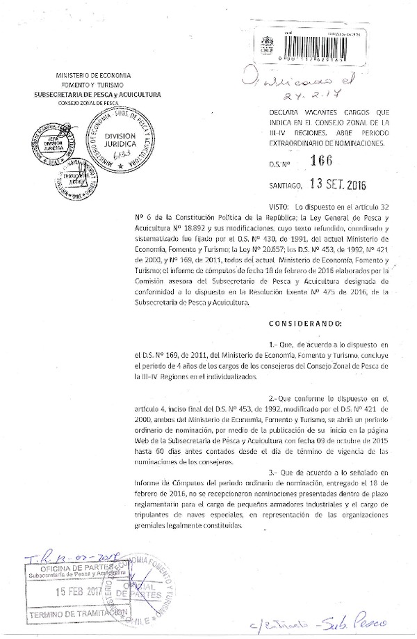 D.S. N° 166-2016 Declara Vacantes Cargos que Indica en Consejo Zonal de Pesca III-IV Región. (F.D.O. 24-02-2017)