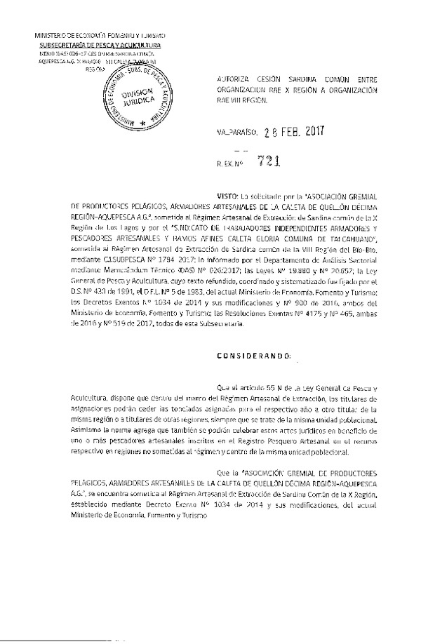 Res. Ex. N° 721-2017 Autoriza Cesión Sardina Común X a VIII Región.