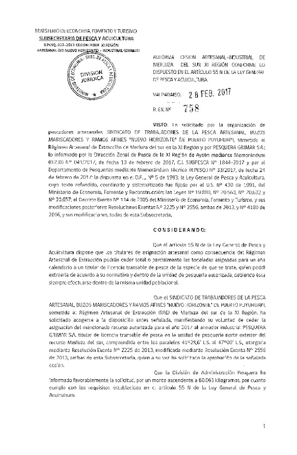 Res. Ex. N° 758-2017 Cesión Merluza del sur XI Región.