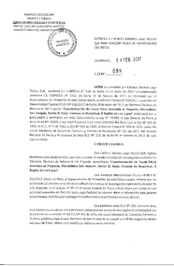Res. Ex. N° 698-2017 Caracterización de fauna íctica X Región.