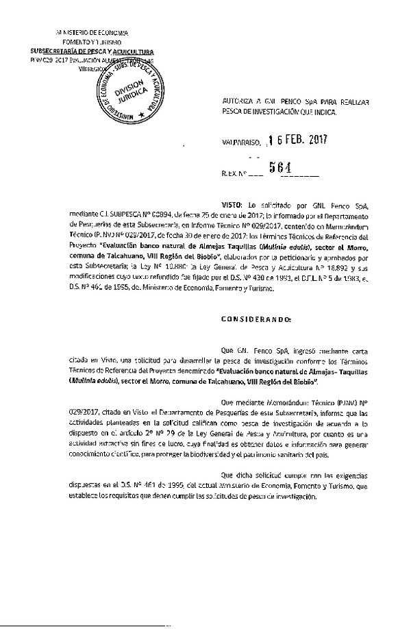 Res. Ex. N° 564-2017 Evaluación banco natural de almejas, VIII Región.