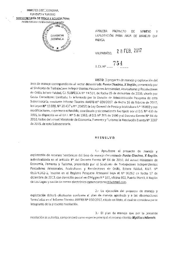 Res. Ex. N° 754-2017 Plan de Manejo.
