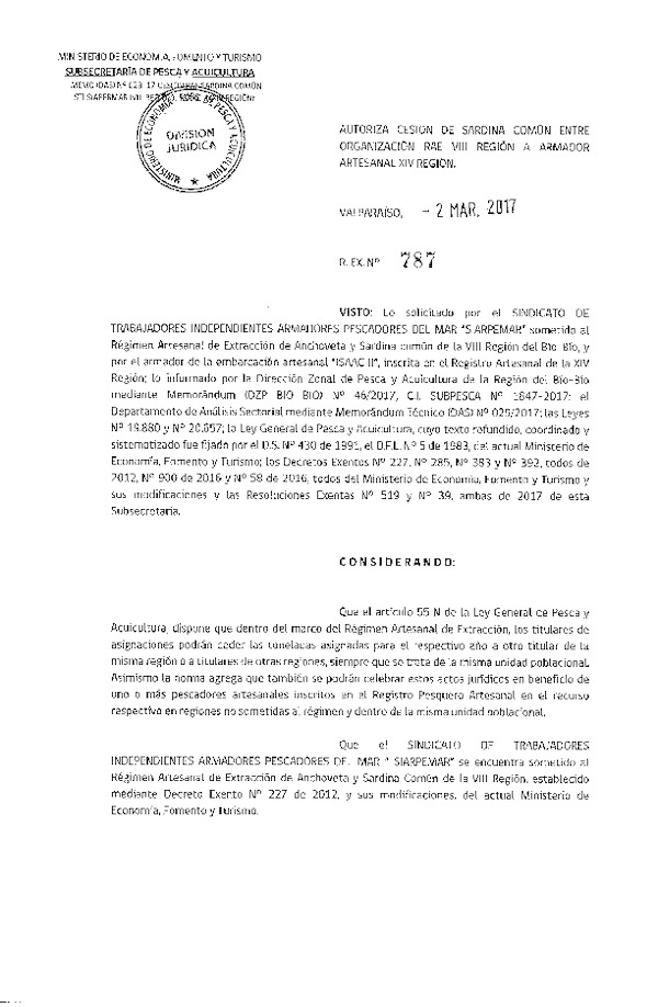 Res. Ex. N° 787-2017 Autoriza Cesión Sardina Común, VIII a XIV Región.