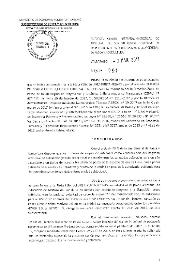 Res. Ex. N° 791-2017 Cesión Merluza del sur XII Región.