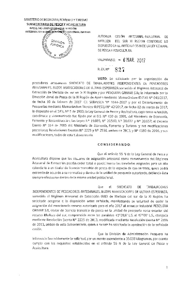 Res. Ex. N° 827-2017 Cesión Merluza del sur XI Región.