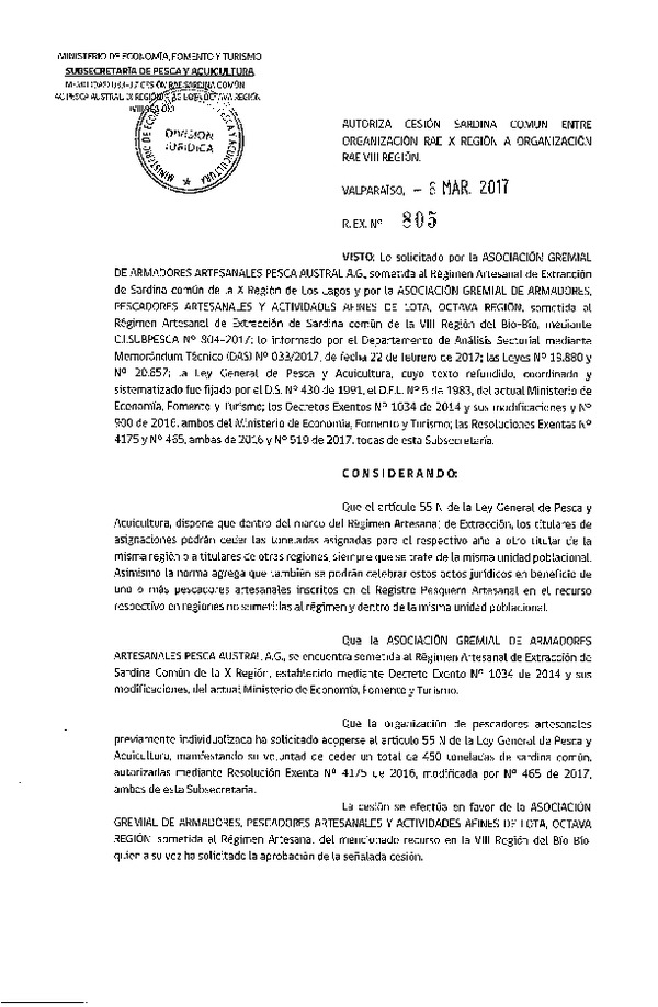 Res. Ex. N° 805-2017 Cesión Sardina común X a VIII Región.