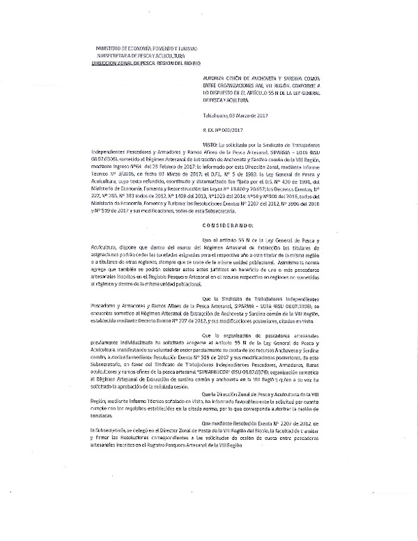 Res. Ex. N° 03-2017 (DZP VIII) Autoriza Cesión Anchoveta y sardina común, VIII Región.