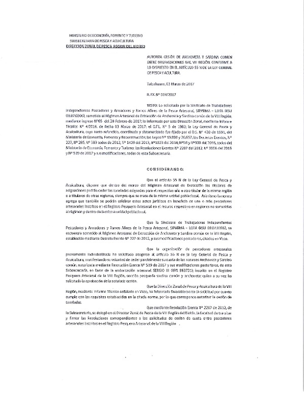 Res. Ex. N° 04-2017 (DZP VIII) Autoriza Cesión Anchoveta y sardina común, VIII Región.