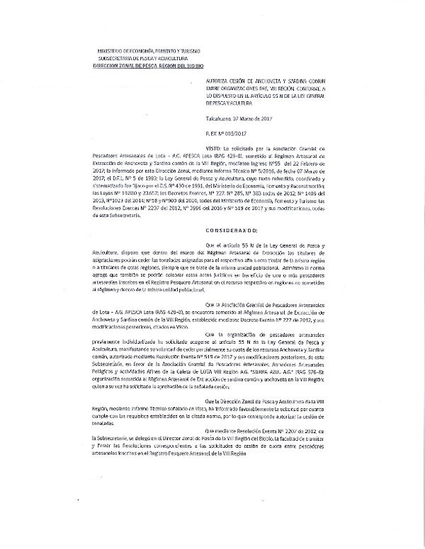 Res. Ex. N° 05-2017 (DZP VIII) Autoriza Cesión Anchoveta y sardina común, VIII Región.