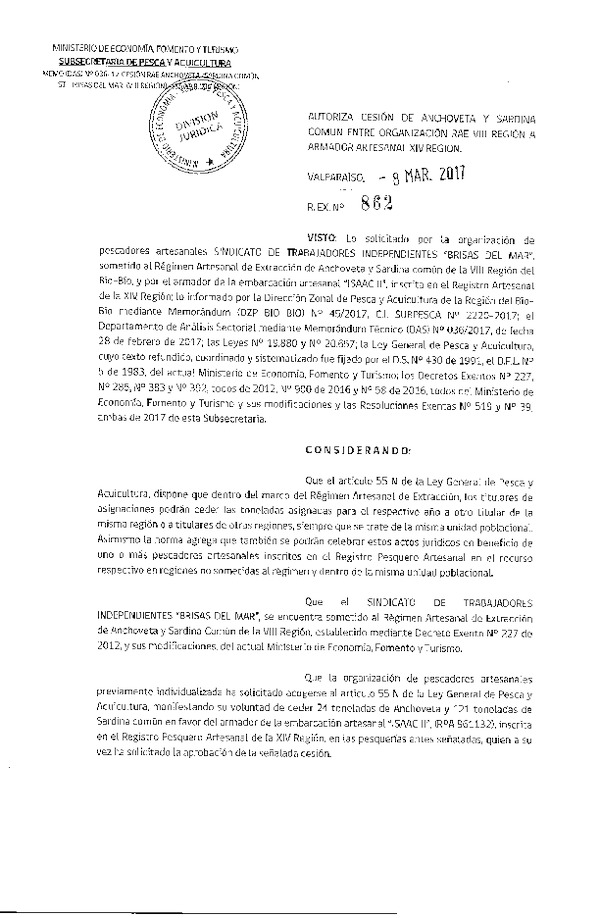 Res. Ex. N° 862-2017 Autoriza Cesión Anchoveta y Sardina común, VIII a XIV Región.