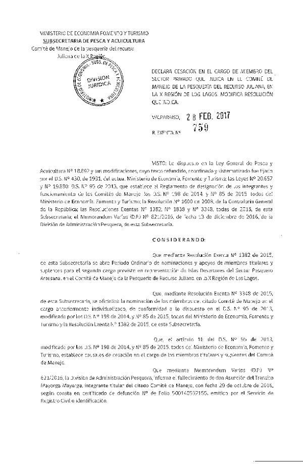Res. Ex. N° 759-2017 Declara Cesación en el Cargo de Miembro del Sector Privado que Indica, Comité de Manejo Pesquería Juliana, X Región. (F.D.O. 10-03-2017)
