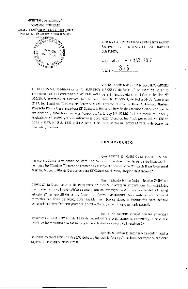 Res. Ex. N° 875-2017 Línea de base ambiental marina, I Región.