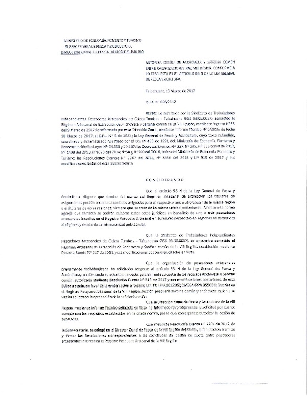 Res. Ex. N° 06-2017 (DZP VIII) Autoriza Cesión Anchoveta y sardina común, VIII Región.