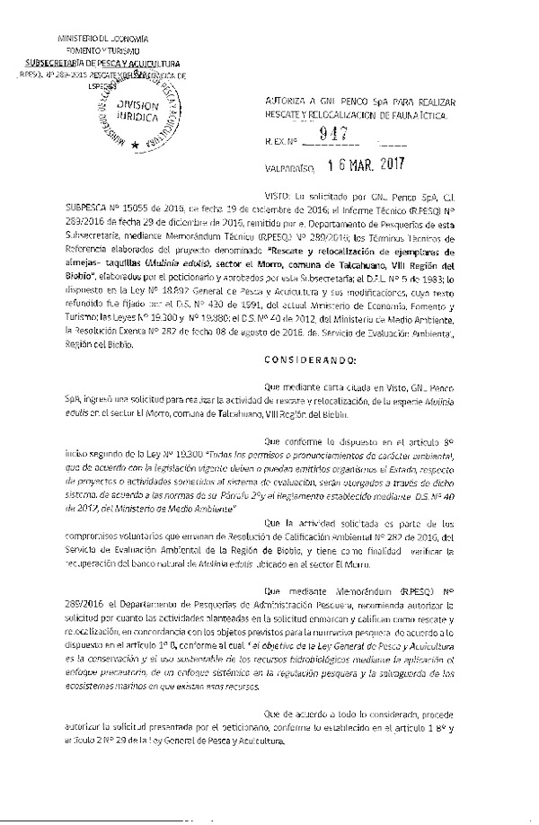 Res. Ex. N° 947-2017 Rescate y relocaclización de ejemplares de almejas-taquillas, VIII Región.