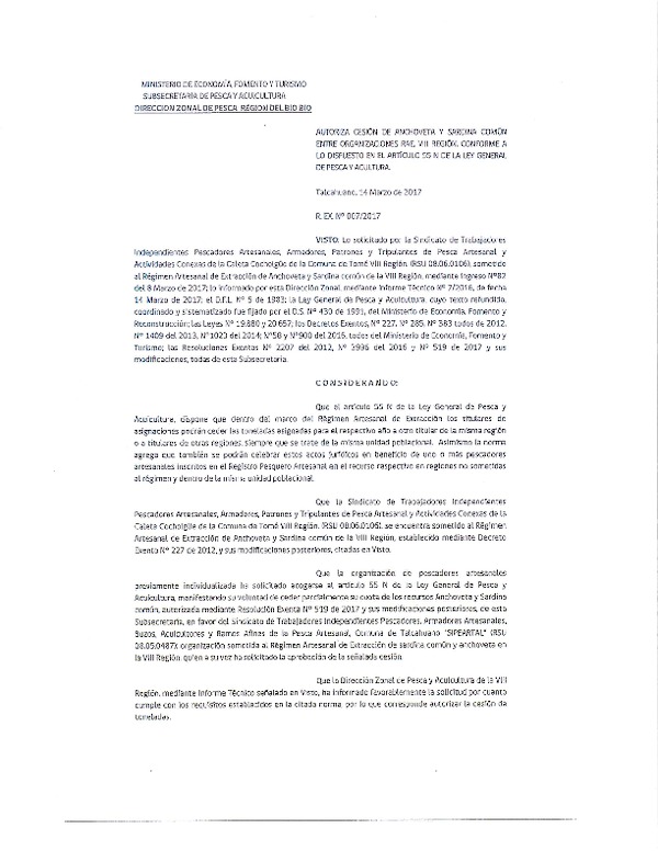 Res. Ex. N° 07-2017 (DZP VIII) Autoriza Cesión Anchoveta y sardina común, VIII Región.
