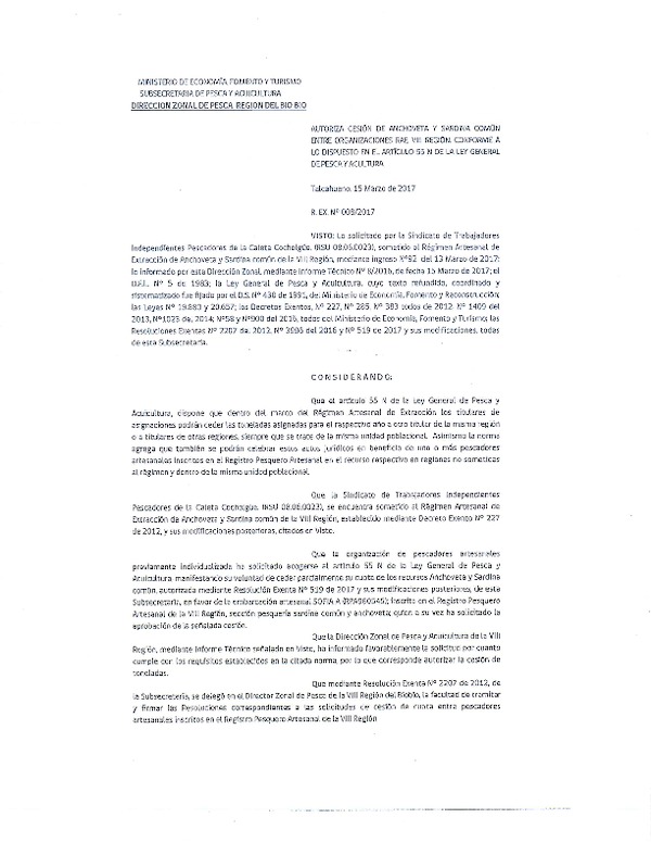 Res. Ex. N° 08-2017 (DZP VIII) Autoriza Cesión Anchoveta y sardina común, VIII Región.