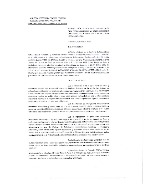 Res. Ex. N° 10-2017 (DZP VIII) Autoriza Cesión Anchoveta y sardina común, VIII Región.
