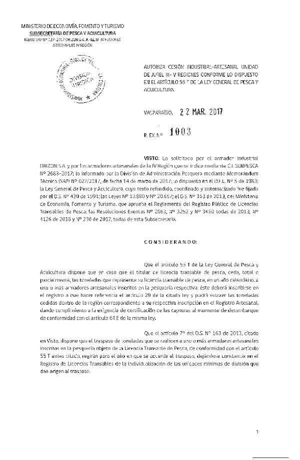 Res. Ex. N° 1003-2017 Autoriza cesión jurel, IV Región.