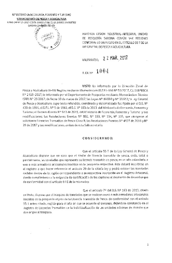 Res. Ex. N° 1004-2017 Autoriza cesión sardina común, XIV Región.