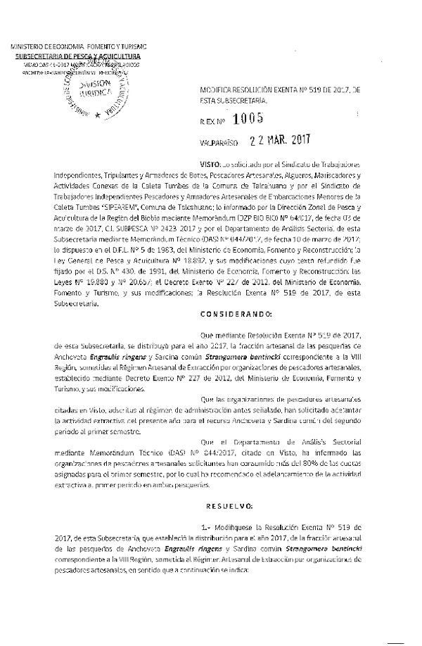Res. Ex. N° 1005-2017 Modifica Res. Ex. N° 519-2017 Distribución de la fracción Artesanal de Pesquería de Anchoveta y Sardina común en la VIII Región, año 2017 (Publicado en Página Web 23-03-2017)