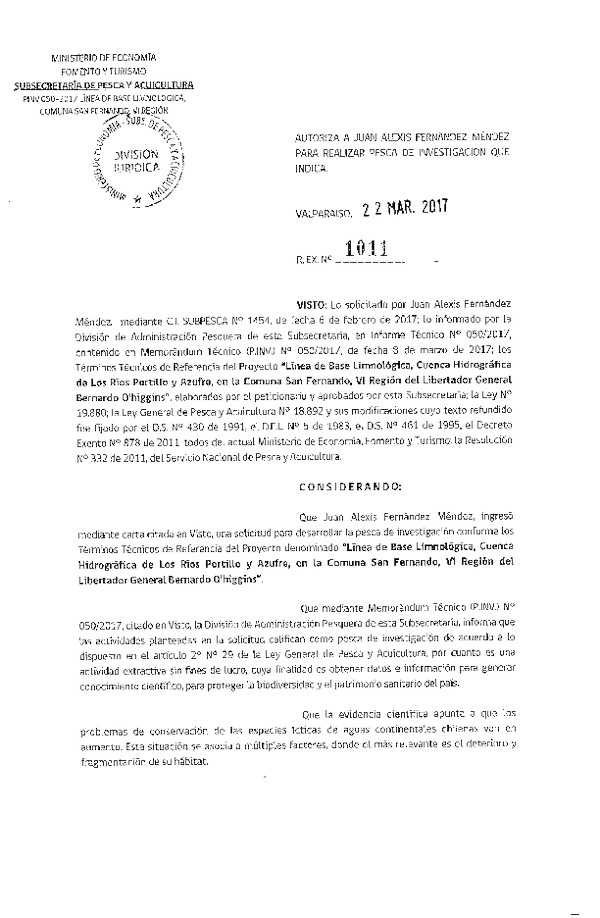 Res. Ex. N° 1011-2017 Línea de base limnológica, VI Región.