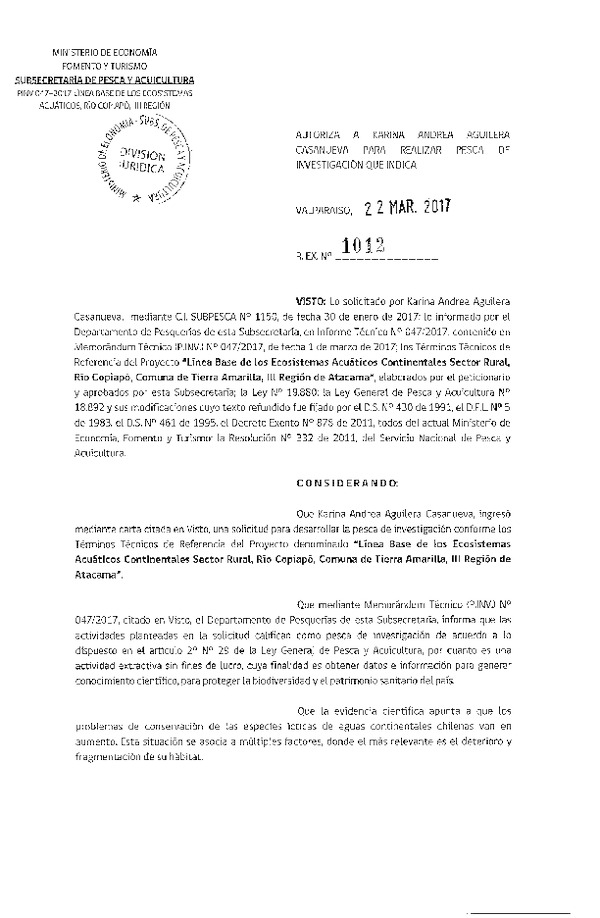 Res. Ex. N° 1012-2017 Línea de base de los ecosistemas acuáticos continentales sector rural río Copiapó, III Región.