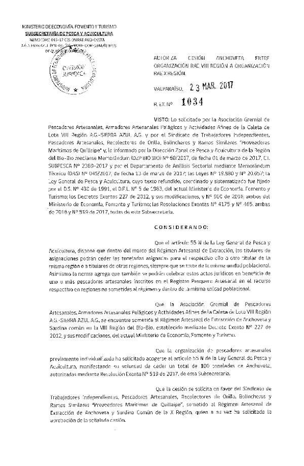 Res. Ex. N° 1034-2017 Autoriza Cesión Anchoveta, VIII a X Región.