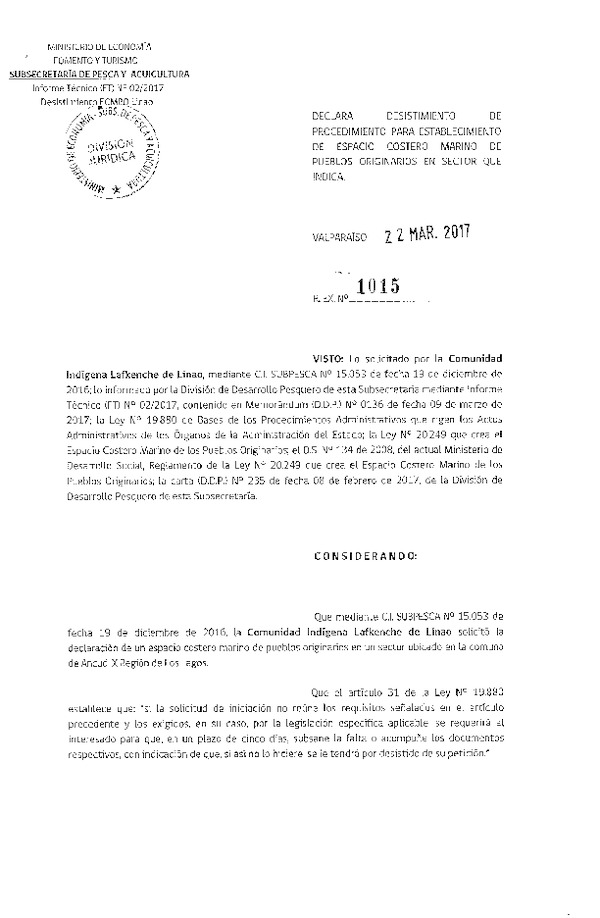 Res. Ex. Nº 1015-2017 Declara desistimiento de procedimiento para establecimiento de espacio costero marino Sector Linao, X Región.