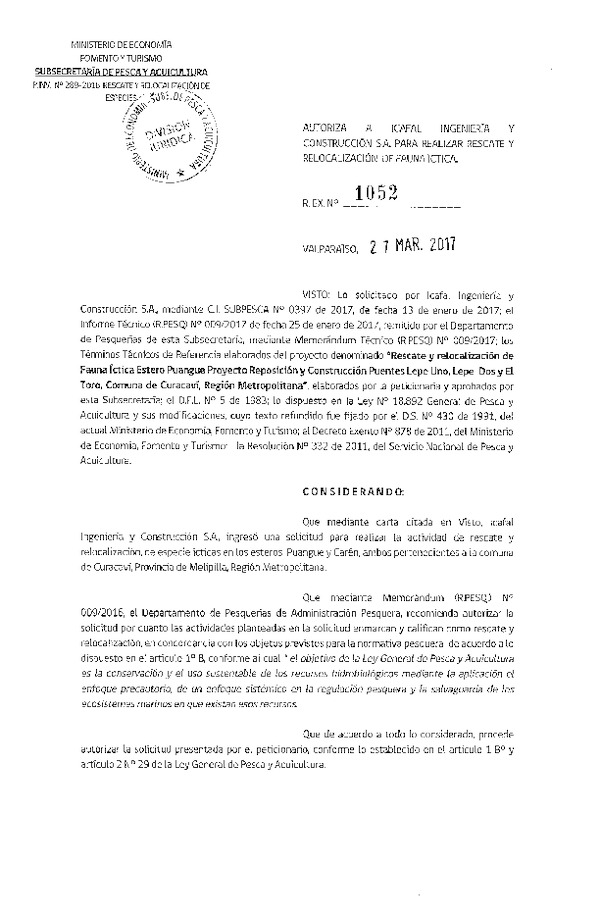 Res. Ex. N° 1052-2017 Rescate y relocalización de fauna íctica comuna de Curacaví, Región Metroplitana.