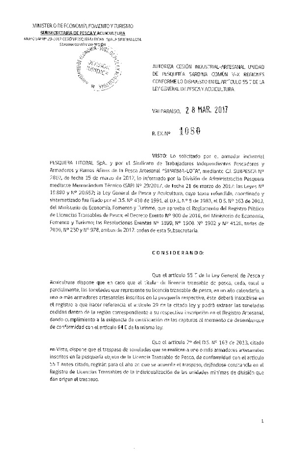 Res. Ex. N° 1080-2017 Autoriza cesión sardina común, VIII Región.