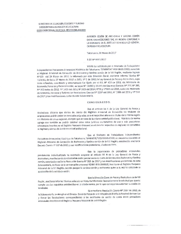 Res. Ex. N° 11-2017 (DZP VIII) Autoriza Cesión Anchoveta y sardina común, VIII Región.