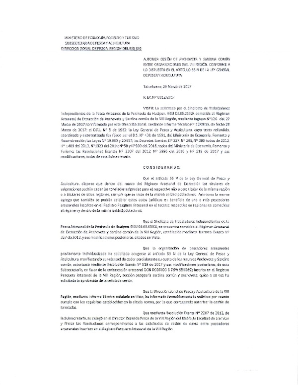Res. Ex. N° 12-2017 (DZP VIII) Autoriza Cesión Anchoveta y sardina común, VIII Región.