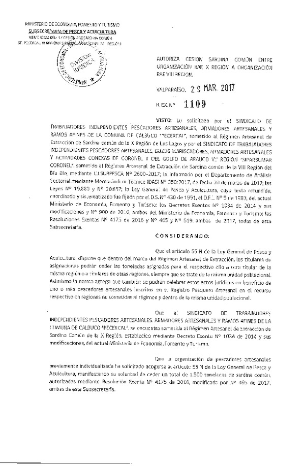 Res. Ex. N° 1109-2017 Autoriza Cesión sardina común, X a VIII Región.