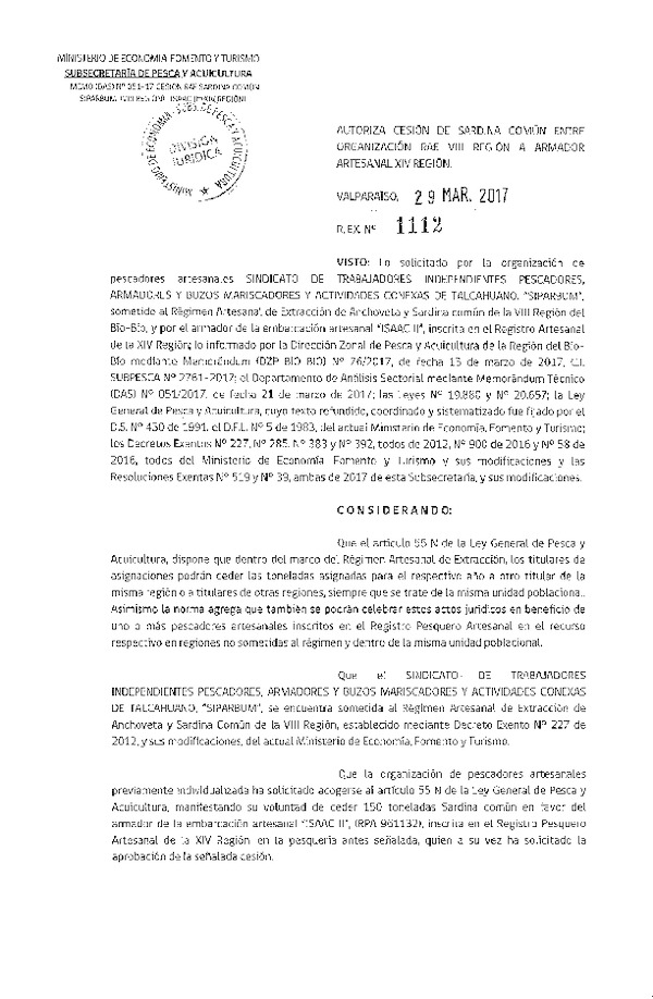 Res. Ex. N° 1112-2017 Autoriza Cesión sardina común, X a XIV Región.