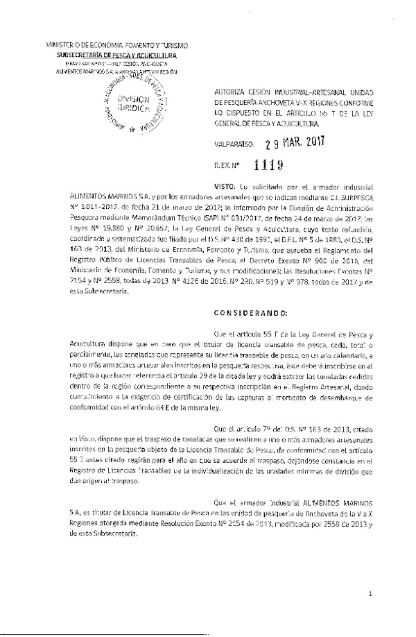 Res. Ex. N° 1119-2017 Autoriza cesión anchoveta, VIII Región.