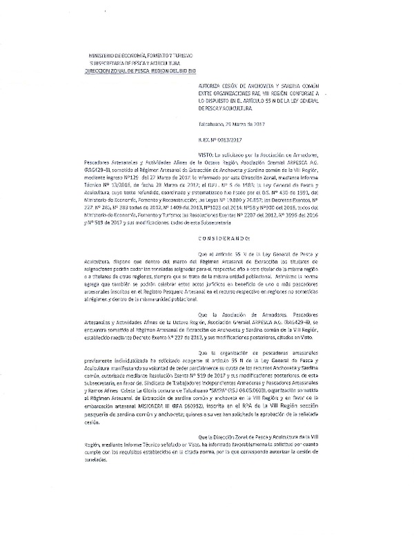 Res. Ex. N° 13-2017 (DZP VIII) Autoriza Cesión Anchoveta y sardina común, VIII Región.