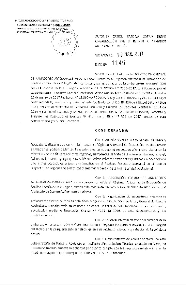 Res. Ex. N° 1146-2017 Autoriza Cesión sardina común, X a VIII Región.