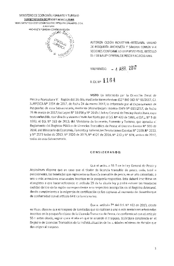 Res. Ex. N° 1164-2017 Autoriza cesión anchoveta y sardina común, VIII Región.