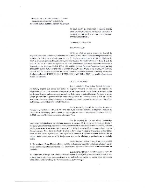 Res. Ex. N° 14-2017 (DZP VIII) Autoriza Cesión Anchoveta y sardina común, VIII Región.