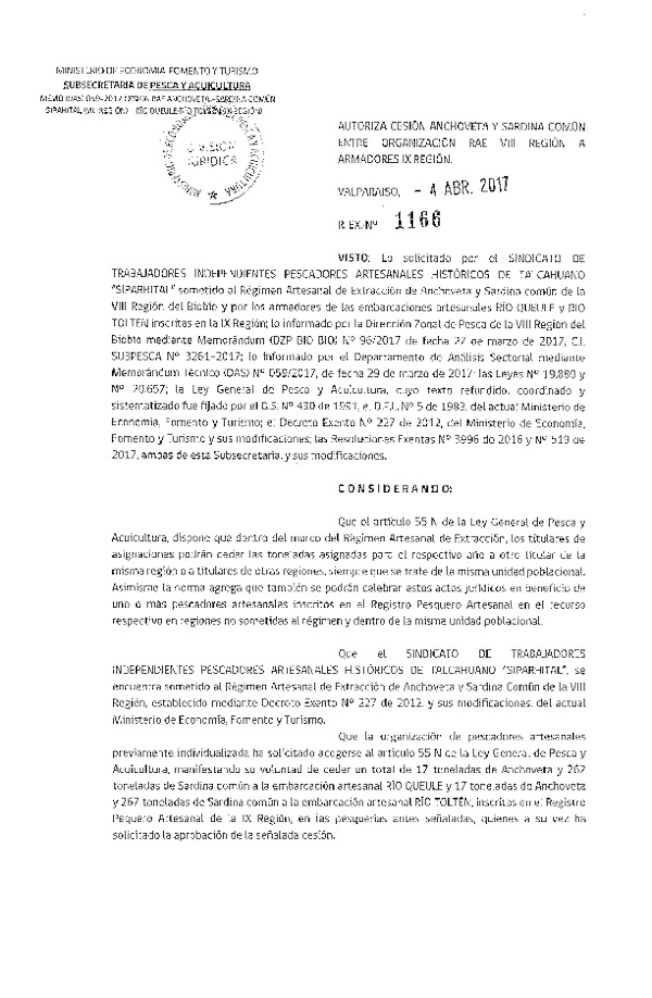Res. Ex. N° 1166-2017 Autoriza Cesión sardina común y anchoveta, VIII a IX Región.