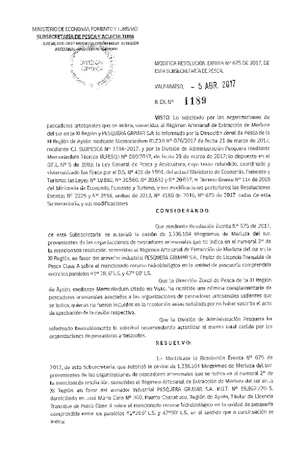 Res. Ex. N° 1189-2017 Modifica Res. Ex. N° 675-2017 Autoriza cesión merluza del sur XI Región.