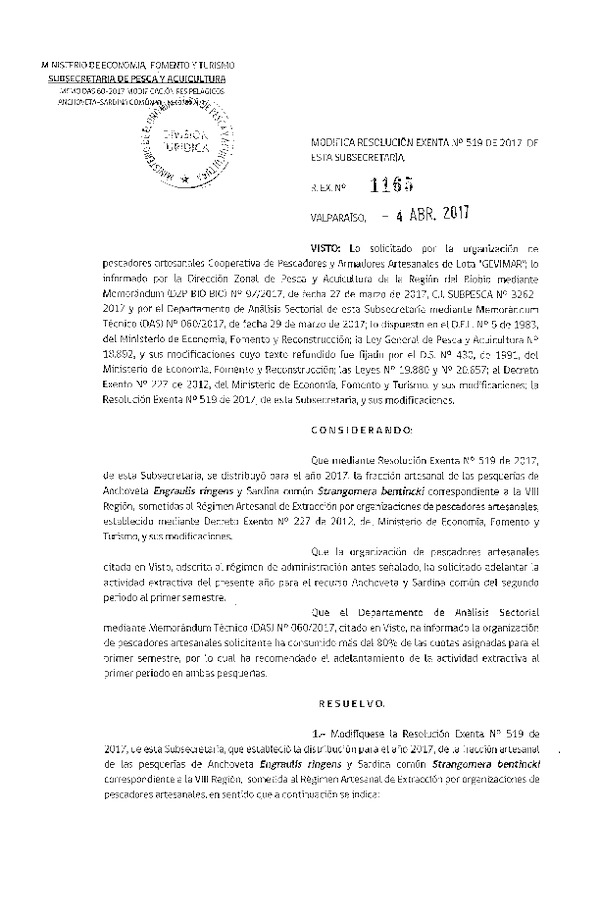 Res. Ex. N° 1165-2017 Modifica Res. Ex. N° 519-2017 Distribución de la fracción Artesanal de Pesquería de Anchoveta y Sardina común en la VIII Región, año 2017 (Publicado en Página Web 05-04-2017)