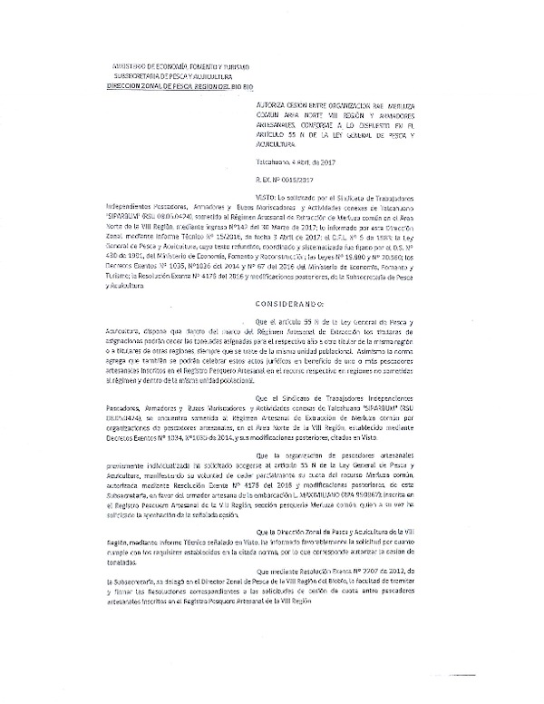 Res. Ex. N° 15-2017 (DZP VIII) Autoriza Cesión Anchoveta y sardina común, VIII Región.