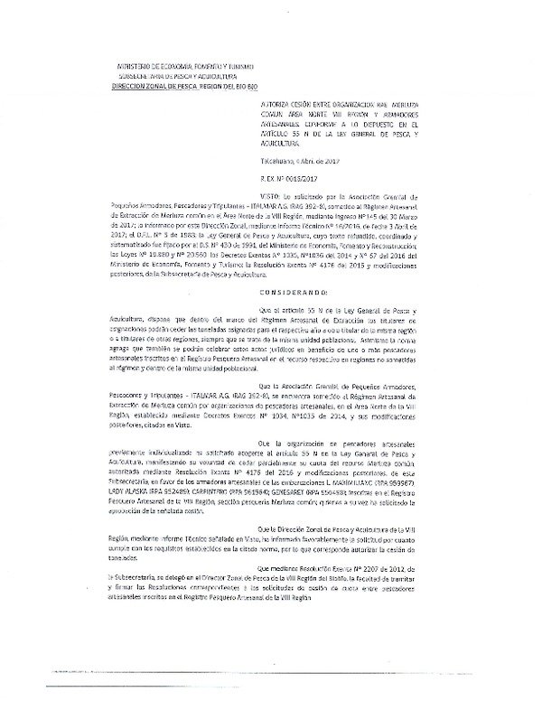 Res. Ex. N° 16-2017 (DZP VIII) Autoriza Cesión Merluza común, VIII Región.
